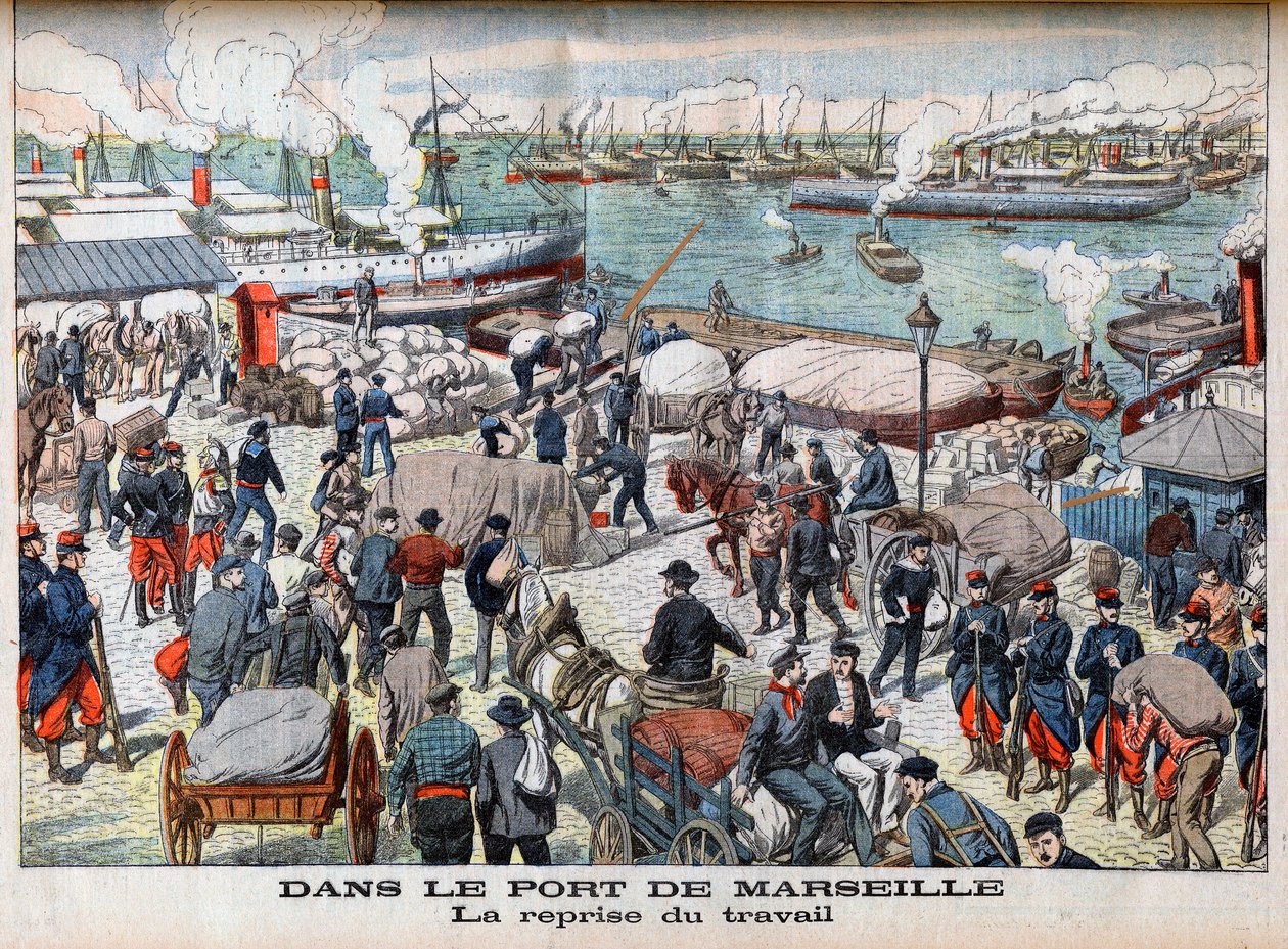 マルセイユにおけるストライキの終結 1904年10月23日「Le petit Journal」より抜粋 - IN THE PORT OF MARSEILLE - The return to work - あまりにも長い失業の日々を経て、マルセイユの港はついにすべての活動を再開した。 作： フランス語学校