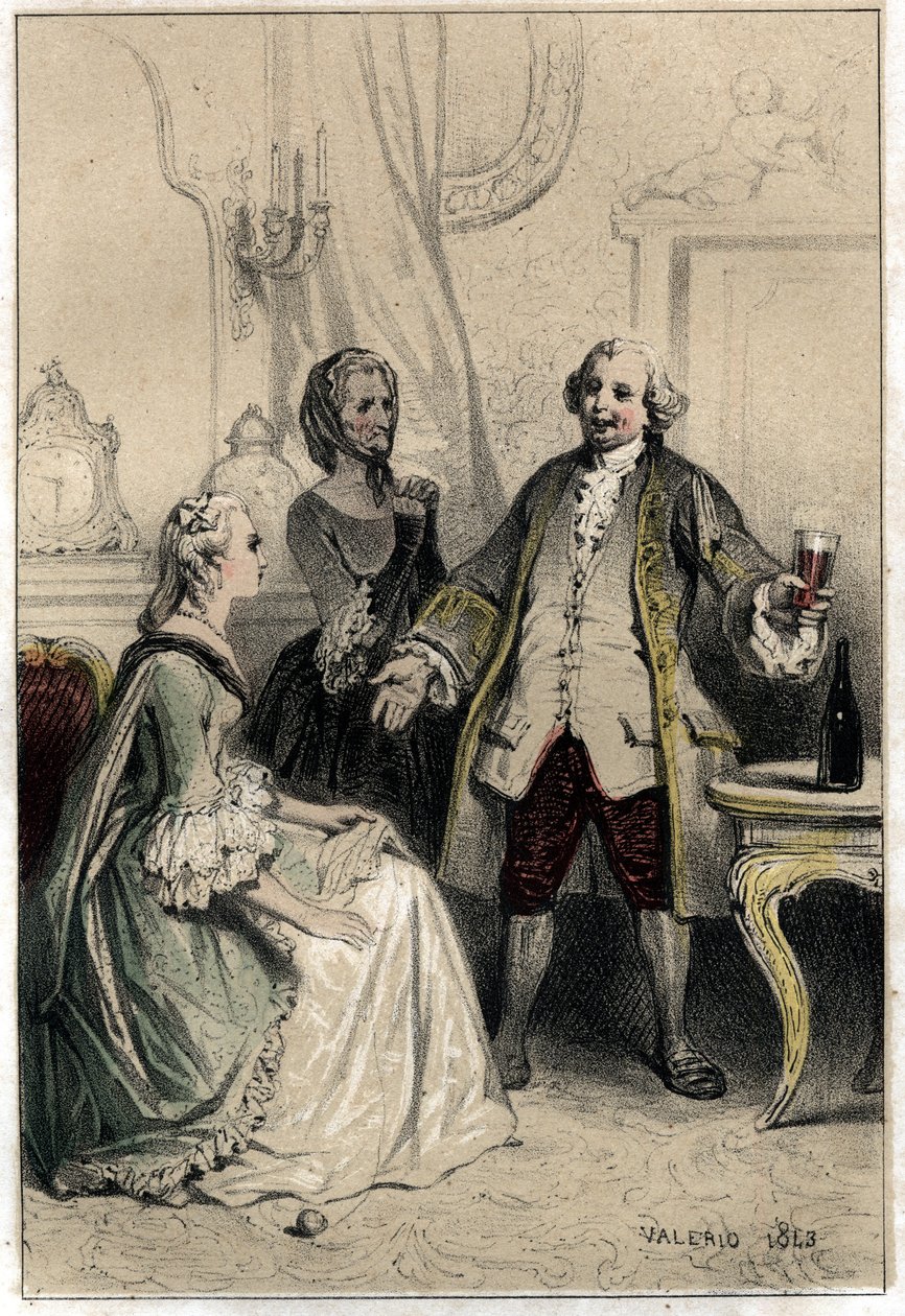 英国の喜劇俳優デビッド・ギャリック（1717-1779）が、馬車に変装して公爵夫人のもとに押しかけ、彼女を説得して彼への愛が不条理であることを納得させようとしている様子を描いたもの。 作： フランス語学校