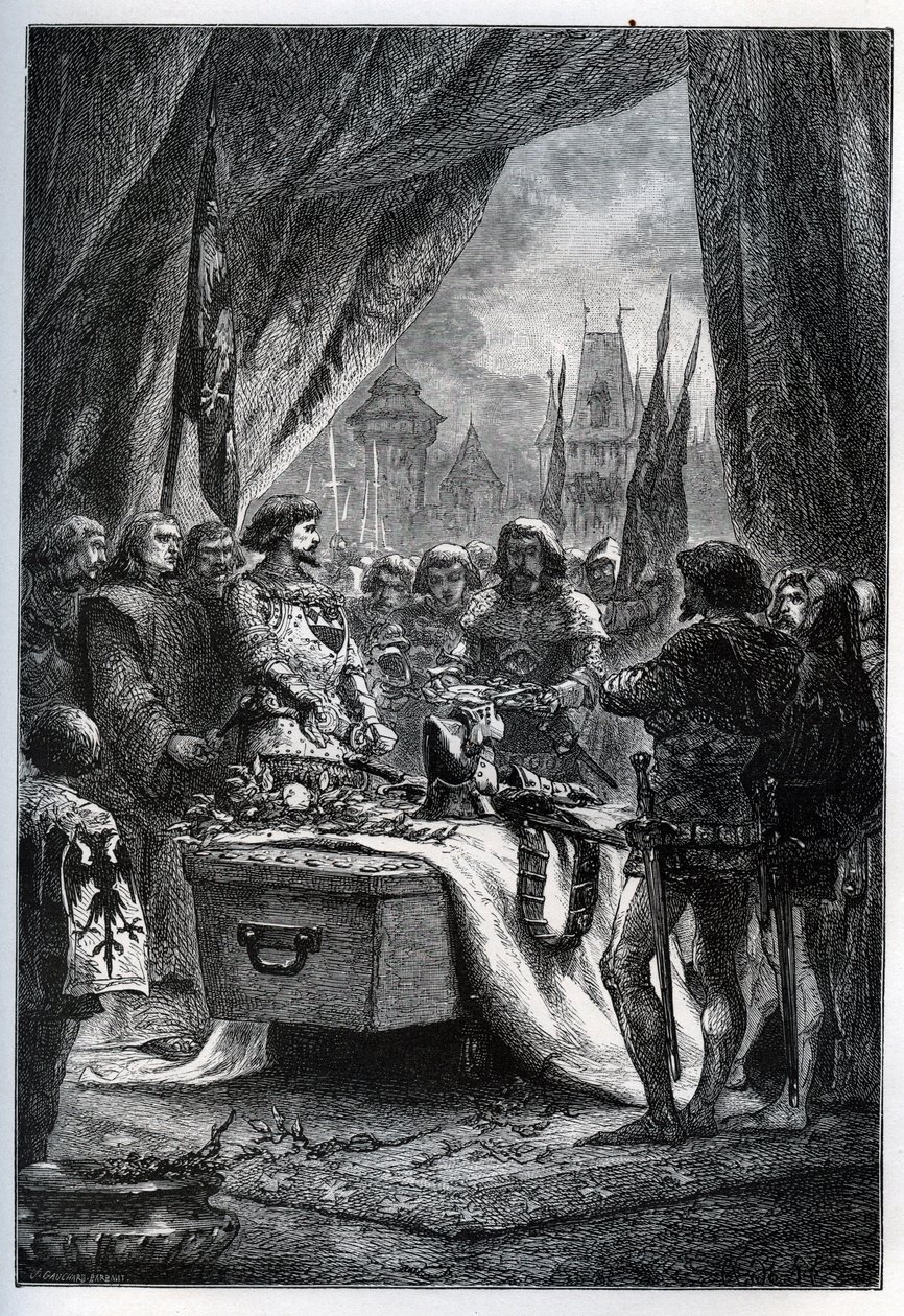 シャトーヌフ・ドゥ・ランドン（Chateauneuf-de-Randon, Auvergne）のイギリス人総督が降伏し、1380年7月13日、包囲されていたベルトラン・デュ・ゲスクラン（1320-1380）の棺に広場の鍵を置きに来たのです。ル・コネッタブル・ダイ 作： フランス語学校