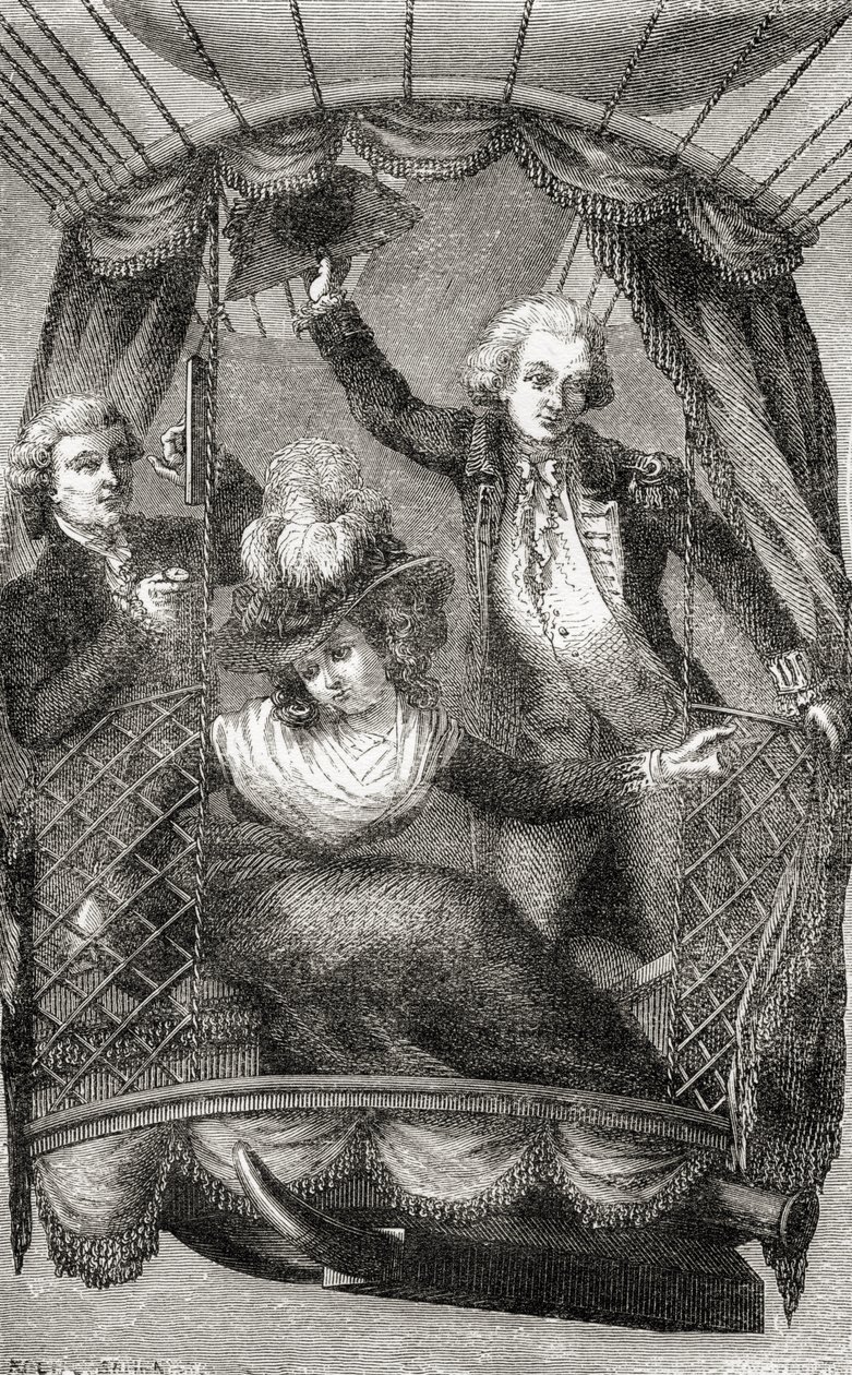 イングランドでの最初の気球上昇、1784年9月15日、Fulgence Marionによる「Wonderful Balloon Ascents or the Conquest of the Sky」から、1870年頃に発行（リソ） 作： フランス語学校