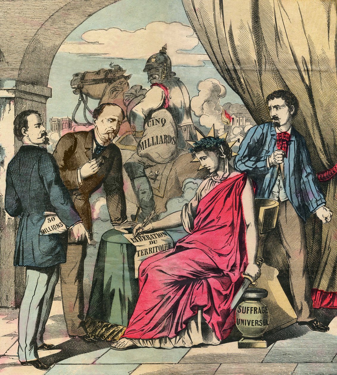 1871年5月10日、アドルフ・ティエールとオットー・フォン・ビスマルクの交渉により、フランクフルト条約が締結され、独仏戦争は終結した：フランスはアルザスとロレーヌの一部を割譲し、50億フランを支払うことになった。Le Figaro, supplement "に掲載された版画。 作： フランス語学校