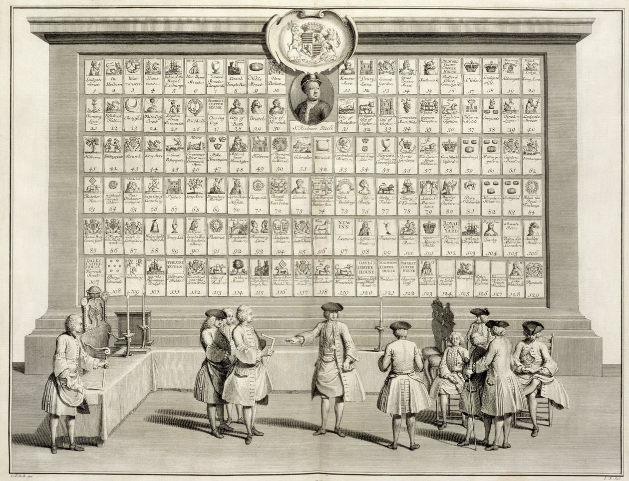The Ceremonies of Religion and Custom、c.1733のさまざまなロッジの看板があるフリーメーソン 作： フランス語学校