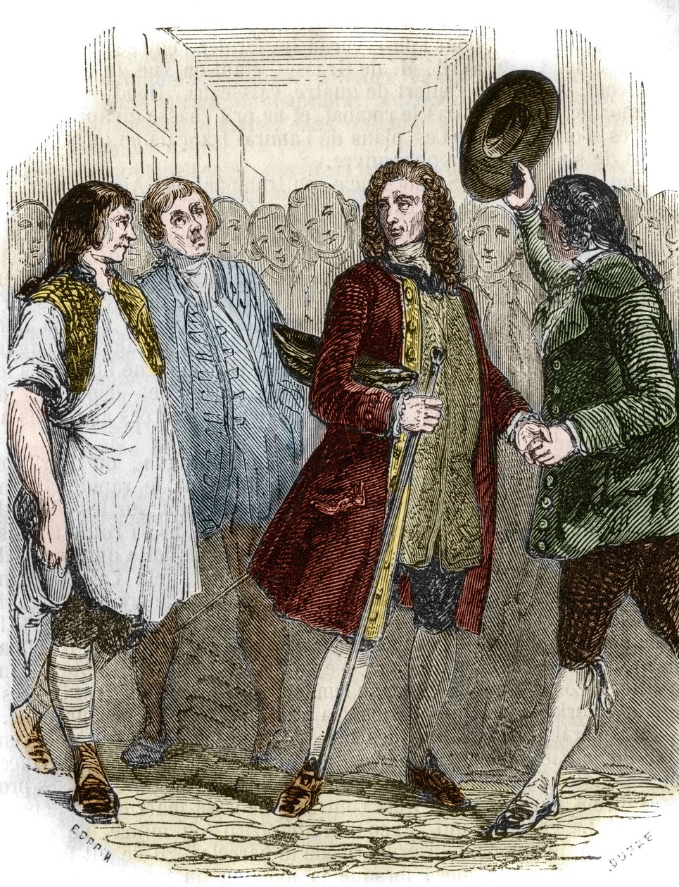 フランスの作家・哲学者であるフランソワ＝マリー・アルエ（Francois-Marie Arouet dit Voltaire, 1694-1778）は、亡命を終えてフランスに戻ってきました。19世紀のエングレーヴィング。 作： フランス語学校