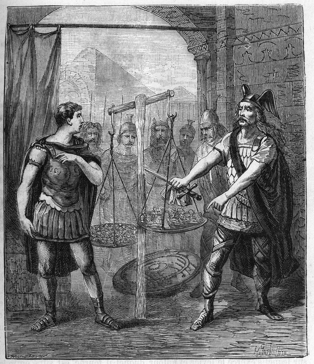 ガリア軍のリーダーBrennos（Brennus）がローマ人を倒し、「Vae Victis」（敗者への災い）を宣言した。ガリア人はローマを征服した後、身代金を要求したが、ガリア人のセノン族のリーダーBrennusが運命的なVae victisを宣言した。 作： フランス語学校