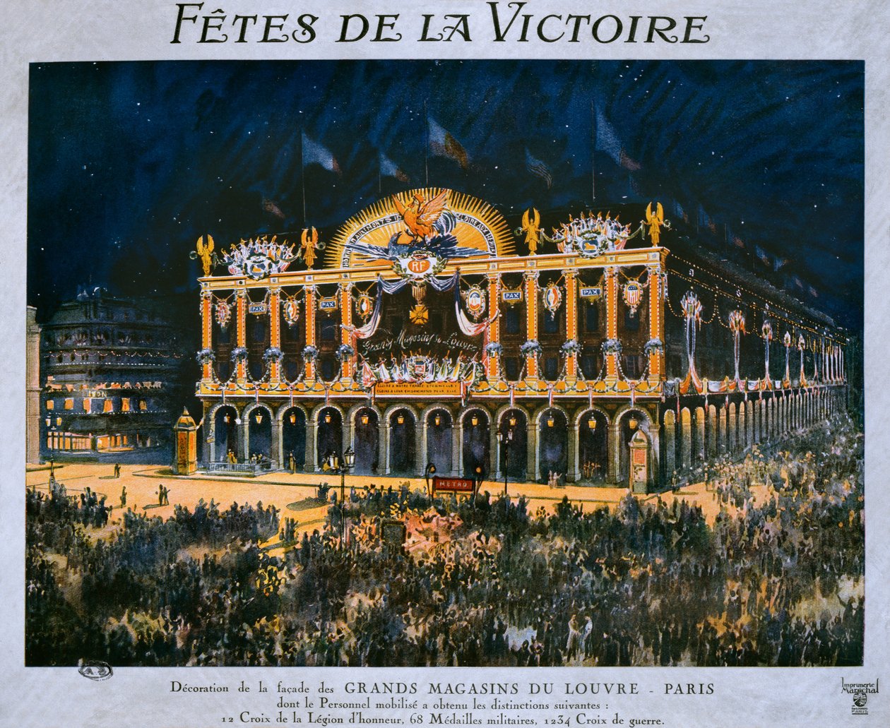 1918年7月14日、1918年の勝利を祝うために装飾されたグランマガザンデュルーブル 作： フランス語学校