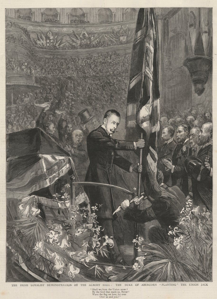 1893年、ロンドンのアルバートホールでのアイルランドのロイヤリストのデモ：ユニオンジャックを植えたアバコーン公（ジェームズハミルトン）（1811-1885）。 作： フランス語学校