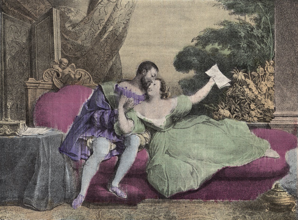 フランス王フランソワ1世(1494-1547)とディアンヌ・ド・ポワチエ(1499-1566)ブリーズの夫人、ヴァレンティノワ公爵夫人。Laughs Et Galanterie "に掲載されている1832年のダヴェリアのリトグラフ。ジョン・グラン＝カルテット監修による週刊ガランテ画像集。 作： フランス語学校