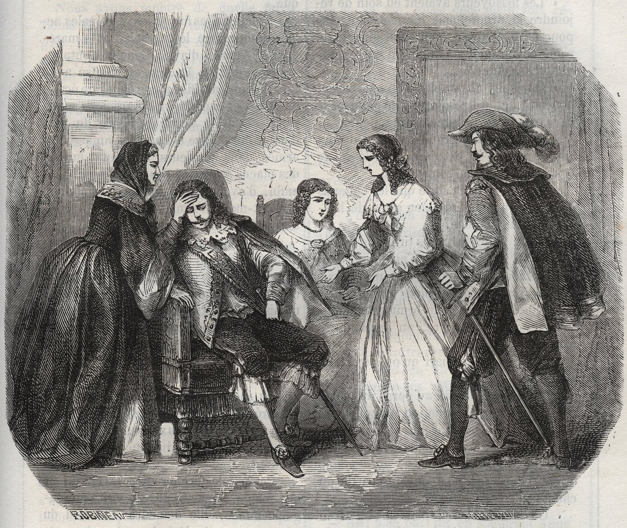 フランス王ルイ13世（1601-1643）は、オーストリア王妃アンヌ（1601-1666）と話しているときに偏頭痛に襲われる。Henry de Kock (1819-1892)の "Histoire Des Cocus Celebres "に掲載されている1871年の版画。 作： フランス語学校