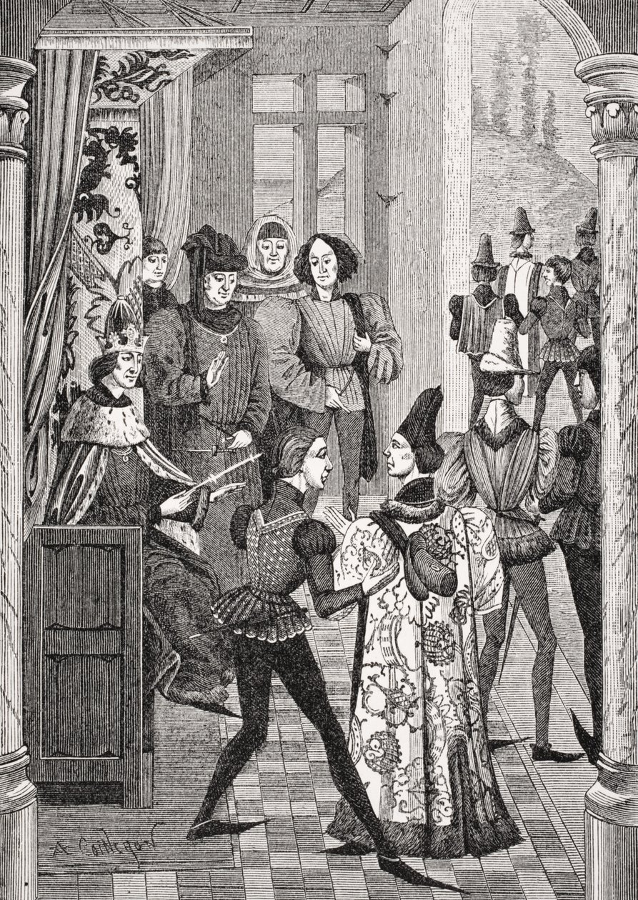 ポールラクロワ（1806-84）による「ルモヤンエージエルラルネッサンス」の1847年発行の「フロワサールのクロニクル」のミニチュアの後の王の宮廷または大評議会 作： フランス語学校