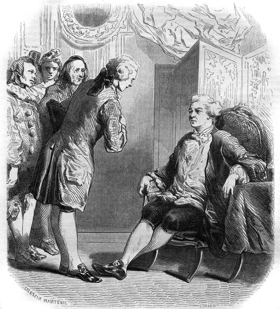 フィリップ・ネリコー・デストゥーシュ（1680-1754）と彼の旅芸人一座を迎えるピュイジユルクス侯爵。1858-1859年の版画。 作： フランス語学校