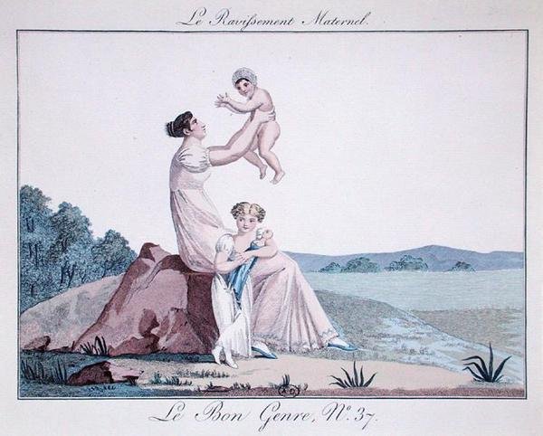 母性の歓喜」（「Le Bon Genre」37号、1810年頃）（カラーエングレービング 作： フランス語学校