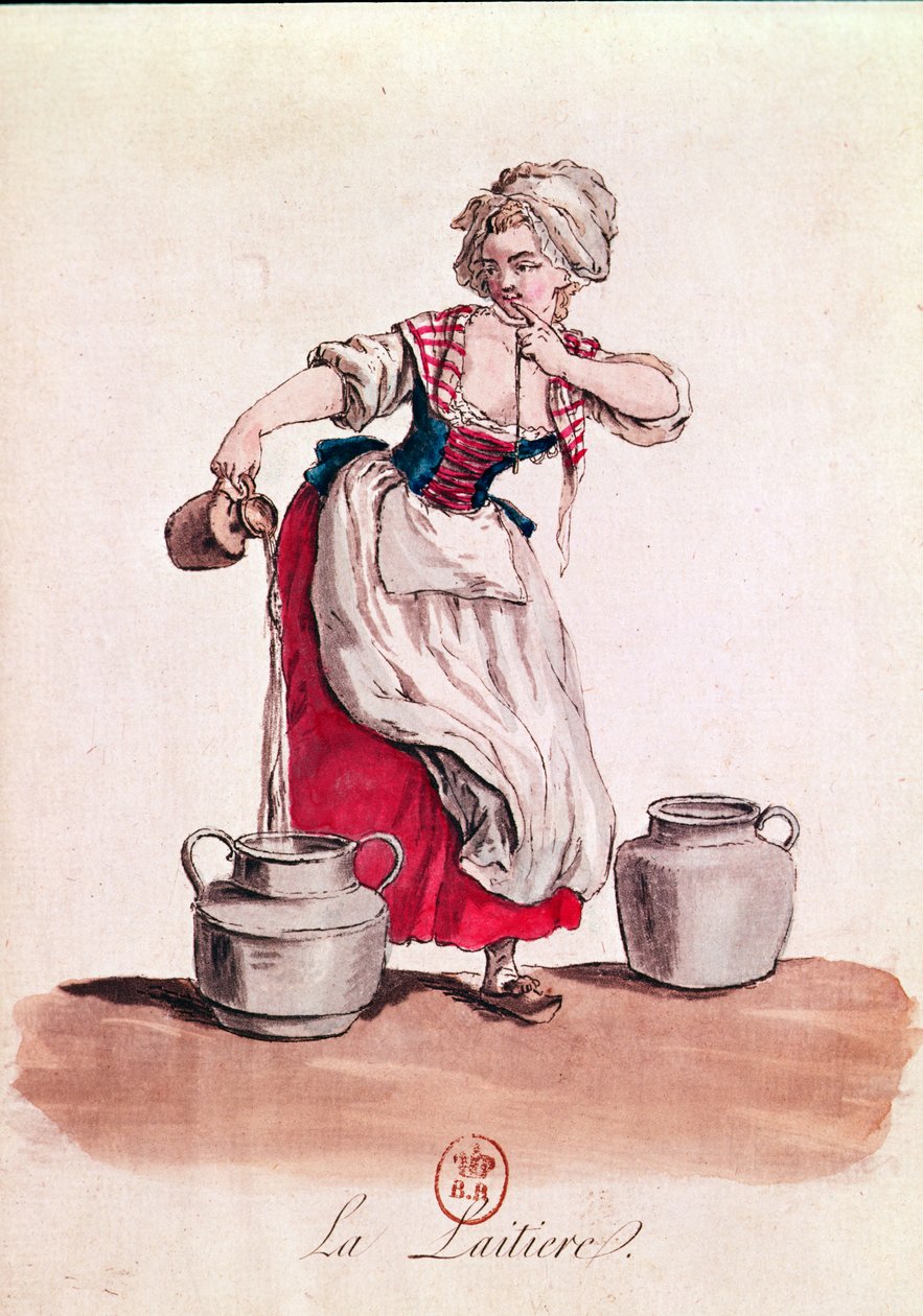 ミルクメイド、1785年（カラー彫刻） 作： フランス語学校