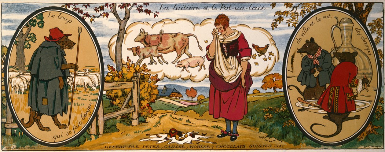 ジャン・ド・ラ・フォンテーヌ（1621-95）の「寓話」より「乳母とミルク缶」、スイスチョコレート「ペーター、カイエ、コーラー」のトレードカード（カラーリトグラフ） 作： フランス語学校