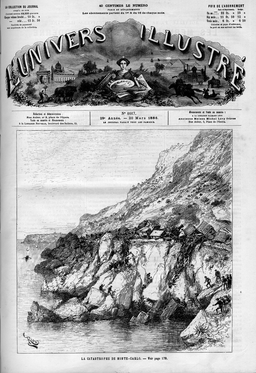 モンテカルロ（Monte-Carlo）の惨事：海岸沿いの鉄道路線での列車事故。ある新聞。"Le Monde Illustré "のエングレービング 作： フランス語学校