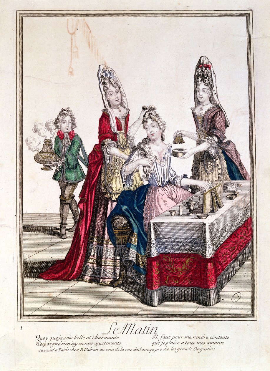 17世紀後半のトイレでの朝の女性（カラー彫刻） 作： フランス語学校