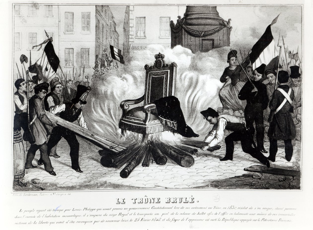 バスティーユ広場で王位を燃やす人々、1848年 作： フランス語学校