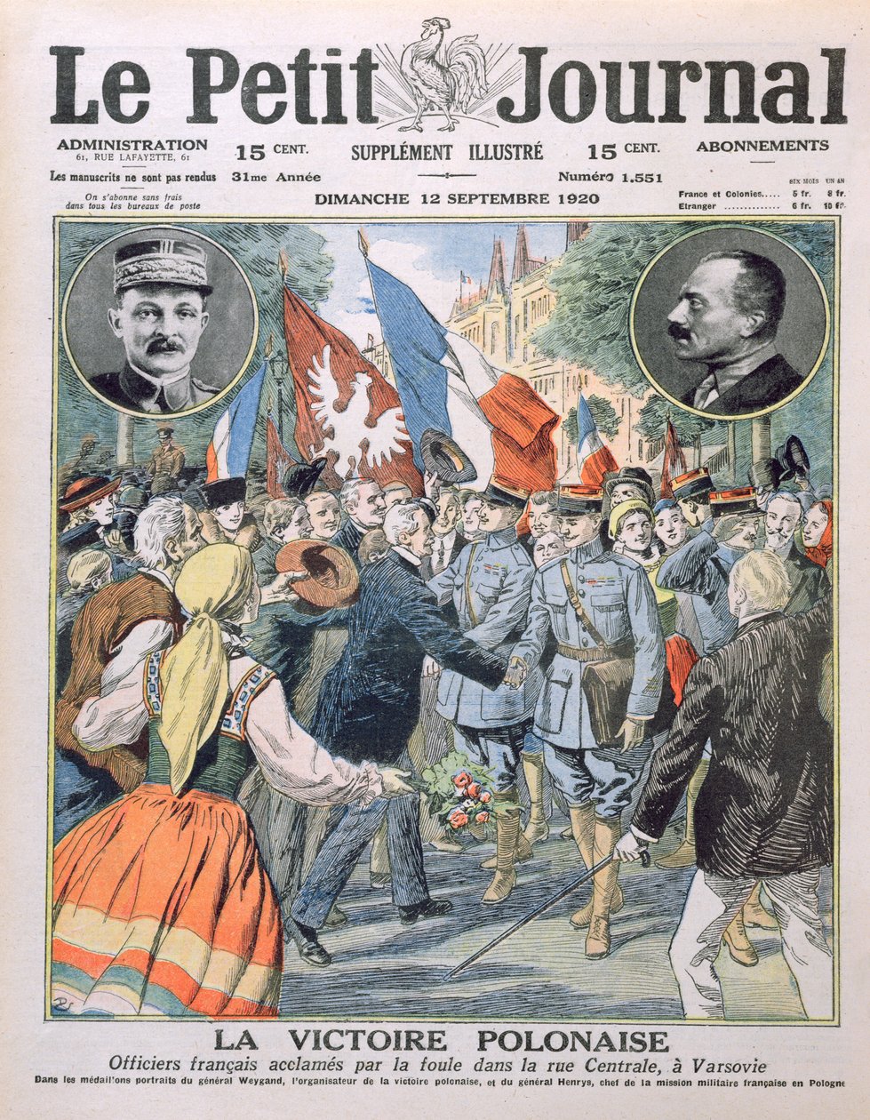 ポーランドの勝利、ワルシャワの中央通りの群衆によって称賛されているフランスの将校、1920年9月12日、ルプチジャーナルのイラストをカバー 作： フランス語学校