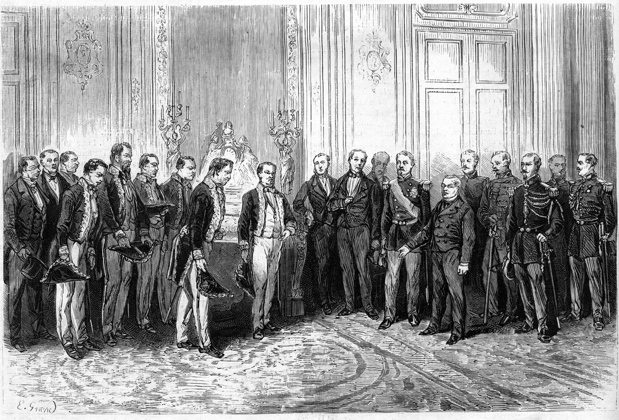 フランス共和国大統領アドルフ・ティエール（1797-1877）は、エリゼ宮で日本の大使たちを迎えた。1月4日付「Le Monde Illustré」821号に掲載された図版 作： フランス語学校