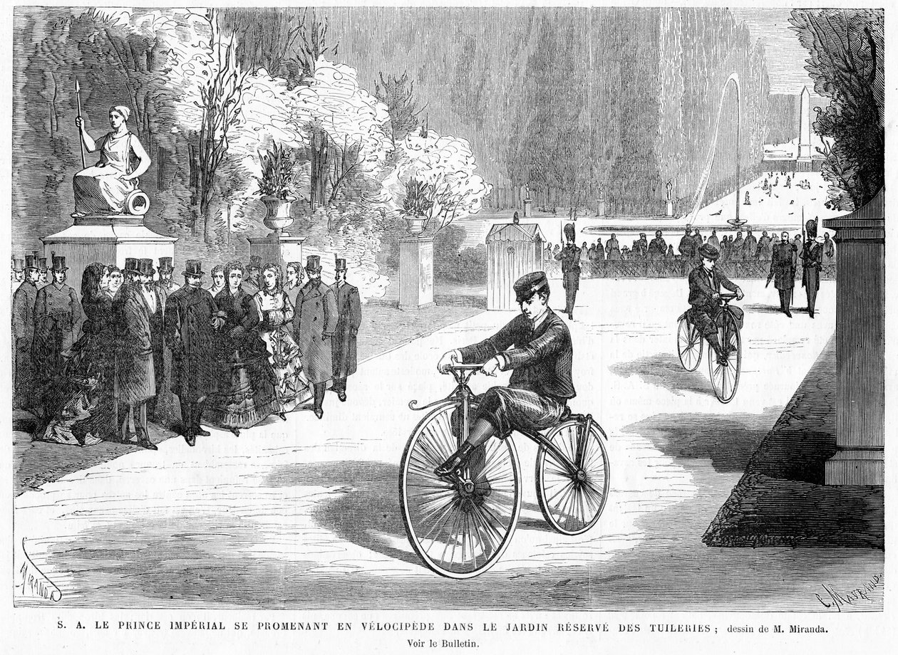 1869年、パリのチュイルリー庭園でミショーベロキペッドでサイクリングをする彼の両親、皇帝と皇后に見られた皇帝 作： フランス語学校