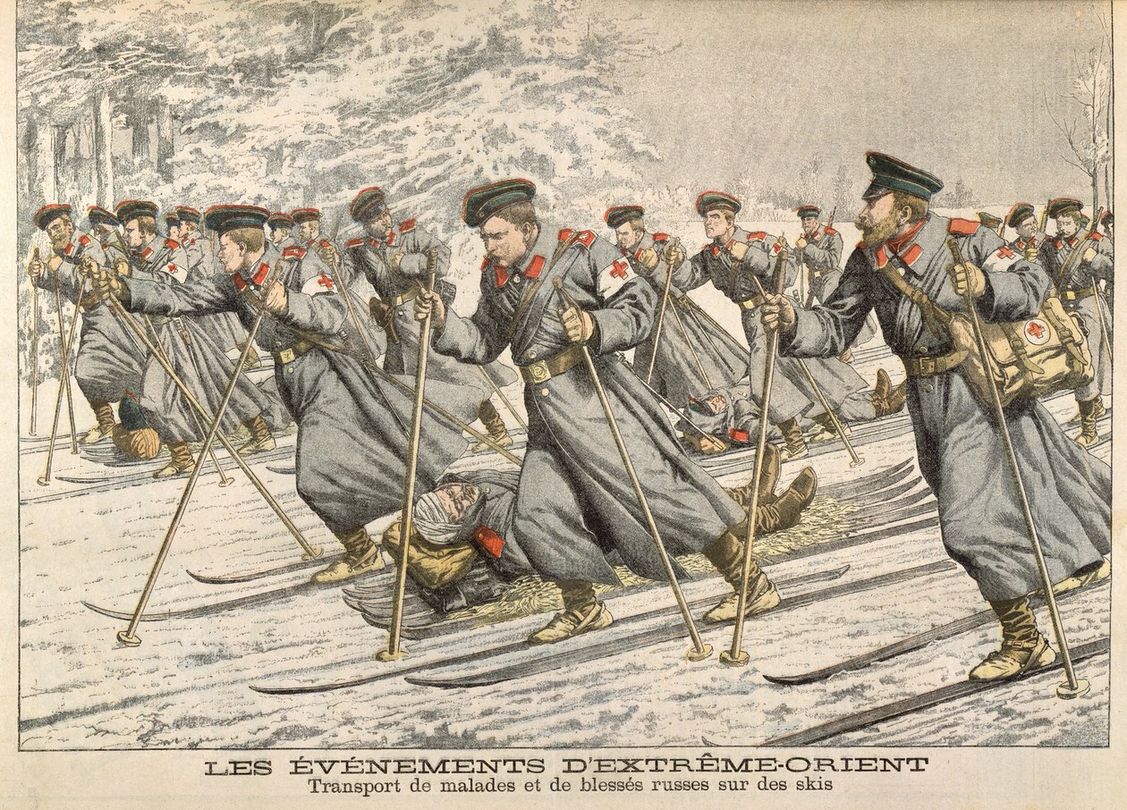 日露戦争（1904-05）中にスキーで負傷したロシア人を輸送している赤十字社、ルプチジャーナル、1904年頃 作： フランス語学校