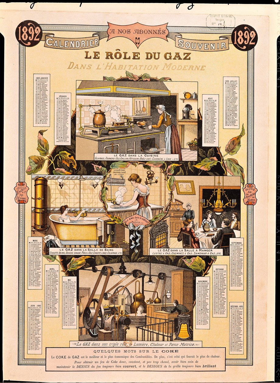 1892年のフランスのガス会社のカレンダーからの現代住宅におけるガスの役割 作： フランス語学校