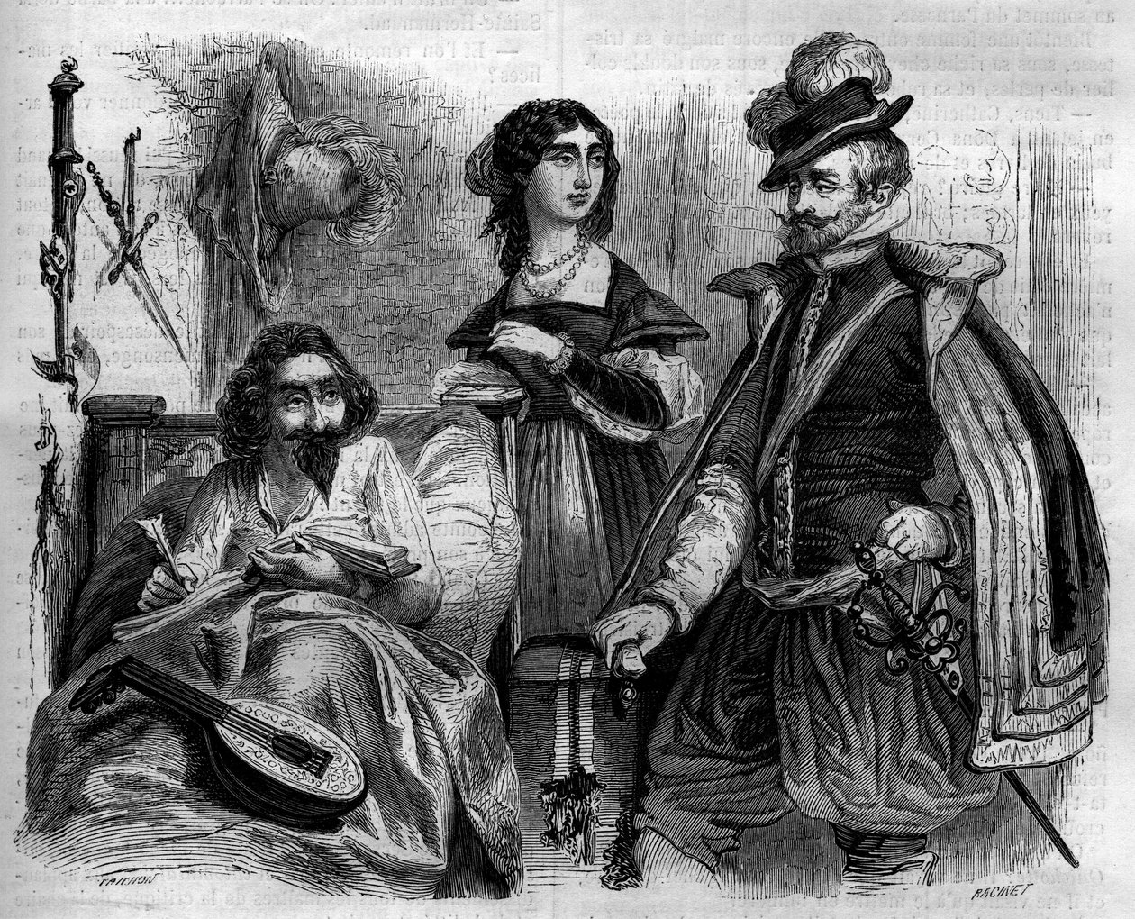 1614年、スペインの作家ミゲル・デ・セルバンテス・サアベドラ（1547-1616）が自宅で妻とレモス伯爵を囲んでいる様子。1852年に描かれた版画。 作： フランス語学校