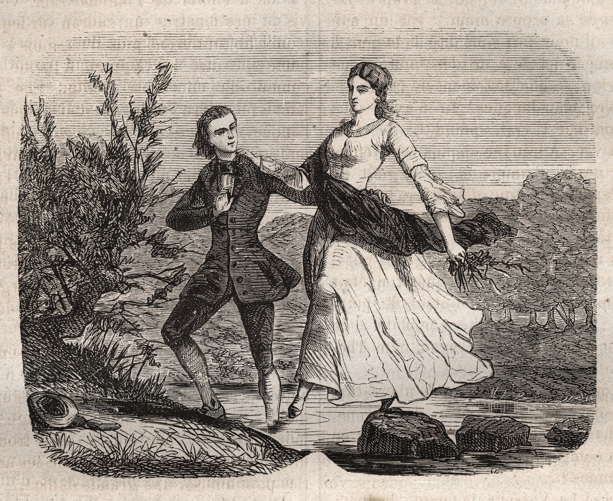 スイスの哲学者Jean Jacques (Jean-Jacques) Rousseau (1712-1778)は、Mademoiselle Galleyが小川を渡るのを助けた。Henry de Kock（1819-1892）の "Histoire Des Cocus Celebres "に掲載されている1871年のエングレーヴィング。 作： フランス語学校