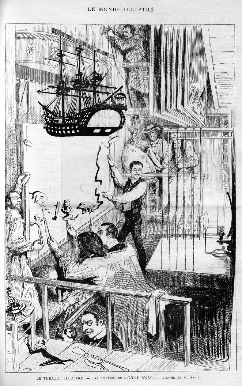 劇場の図解：「シャット・ノワール」の舞台裏。Le monde illustrious", "1888 "に掲載されたエングレーヴィング。 作： フランス語学校