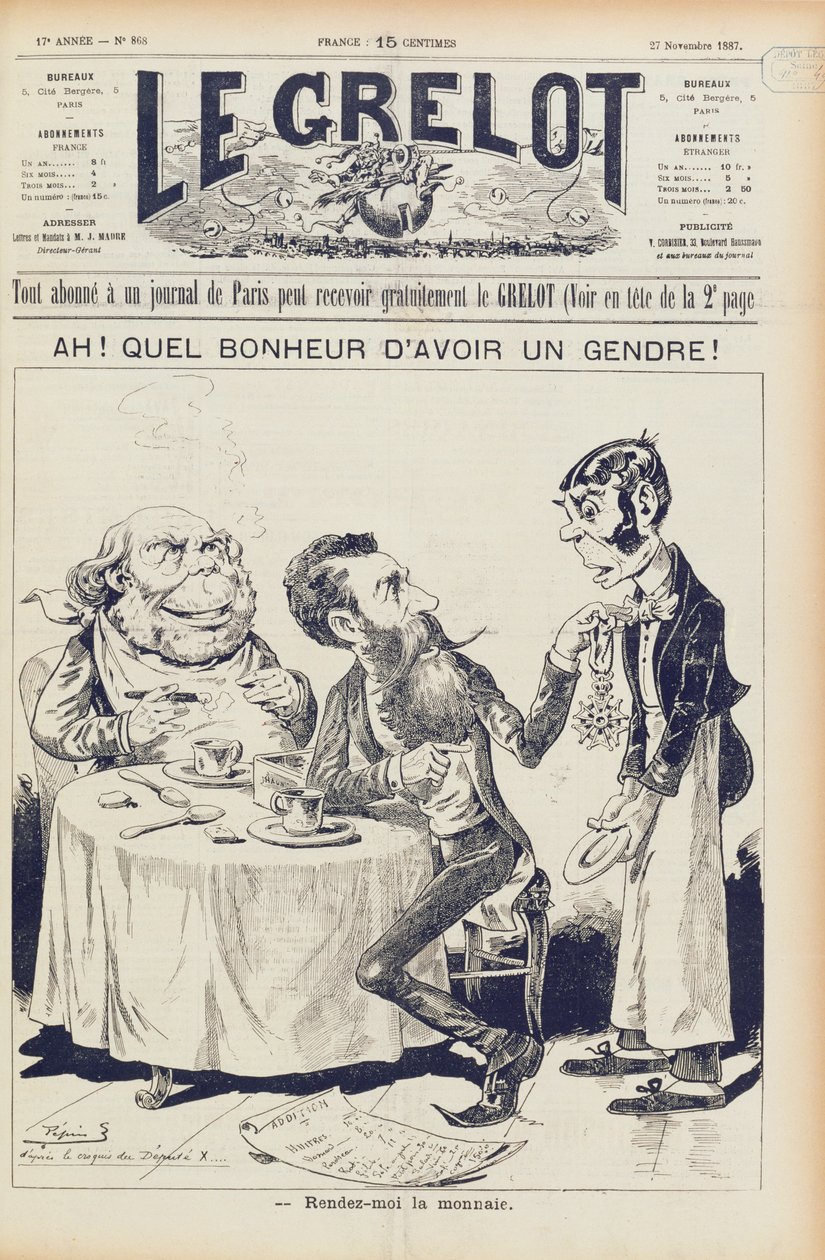 ウィルソン事件、ルグレロの表紙、1887年11月27日 作： フランス語学校
