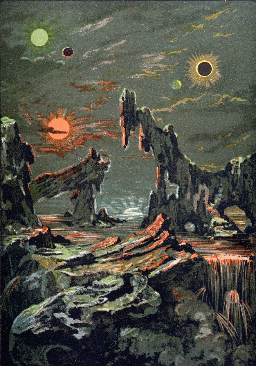 カミーユフラマリオン（1842-1925）1881によって書かれたLAstronomie Populaireのイラスト、4つの月と4つの太陽の世界 作： フランス語学校
