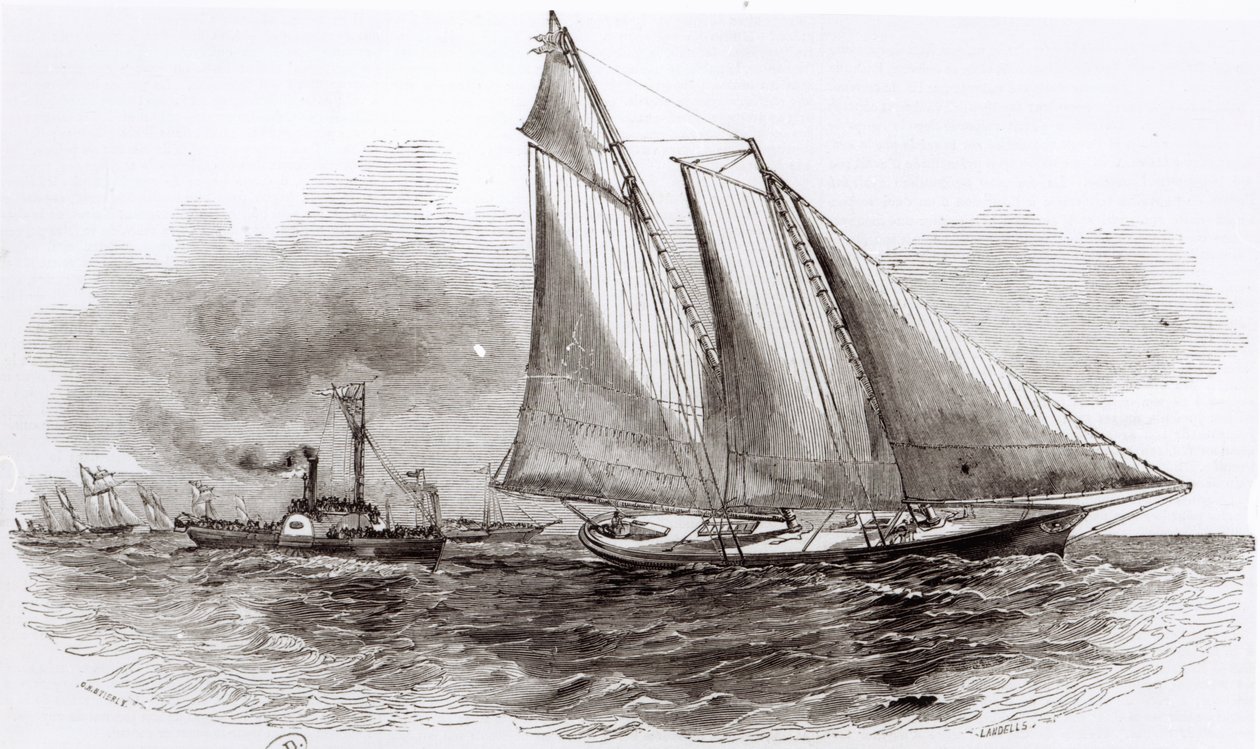 1851年のLe Monde Illustreによる、1851年のカウズレガッタで主導権を握るヨットアメリカ 作： フランス語学校