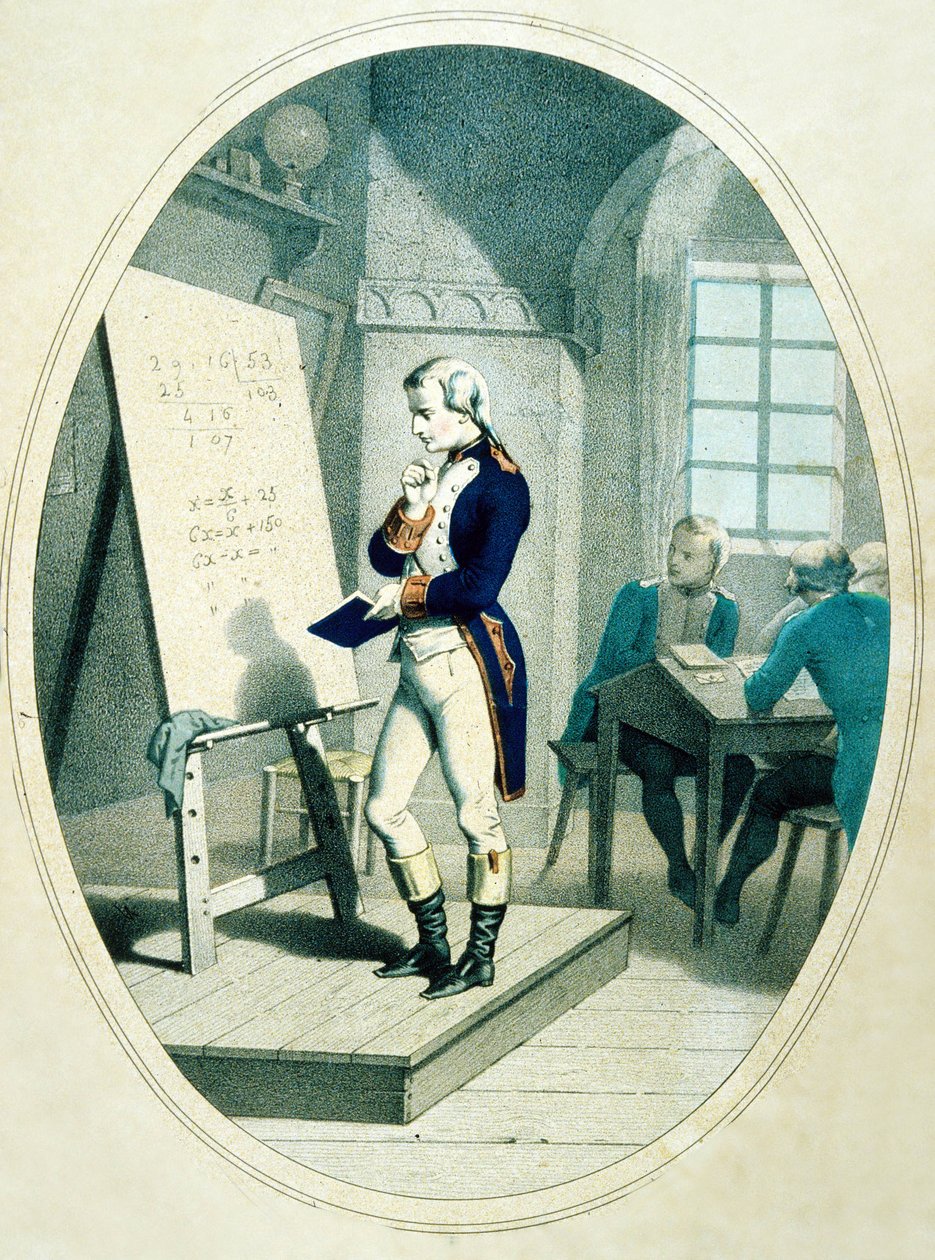 若いナポレオン、フランスのブリエンヌの陸軍士官学校で、1779年（色の彫刻） 作： フランス語学校