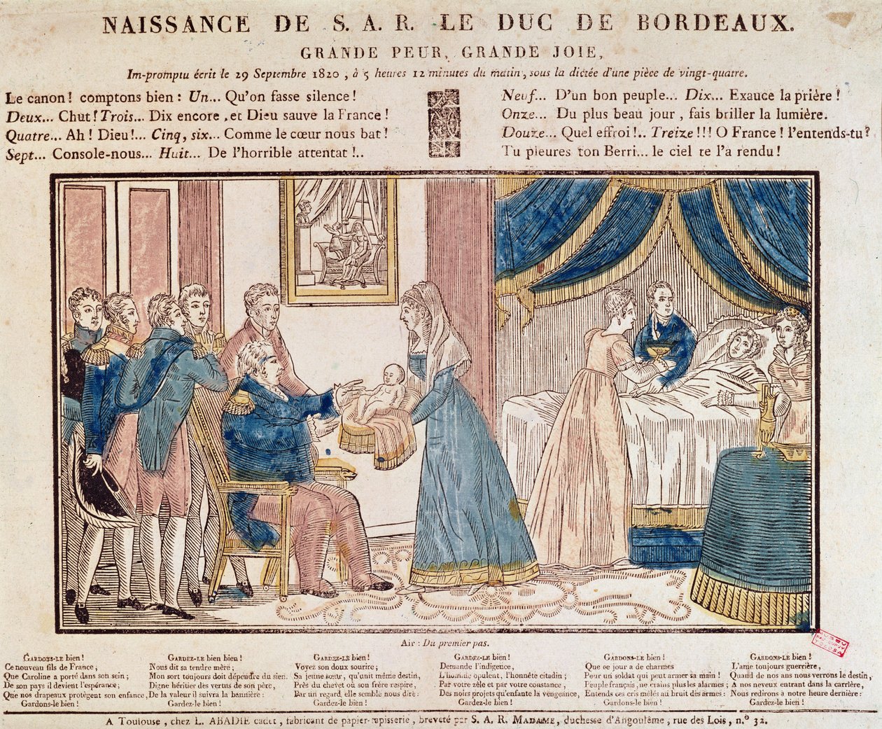 1820年9月29日、フランスのアンリチャールズフェルディナンドマリーデュードン、ボルドー公、シャンドコントの誕生（色の木版画） 作： フランス語学校