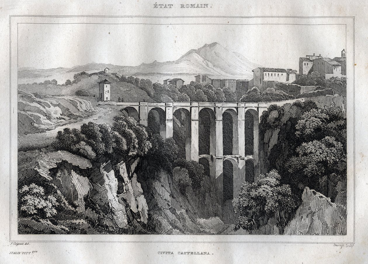 橋には二重のアーケードがある - CIVITA CASTELLANA - Province of Viterbo - Italy - M. de Norvins, Ch. Nodier 1834-1836による "Italy Picturesque" - History and Descriptive Painting of Italyからのエングレーヴィング。 作： フランス語学校