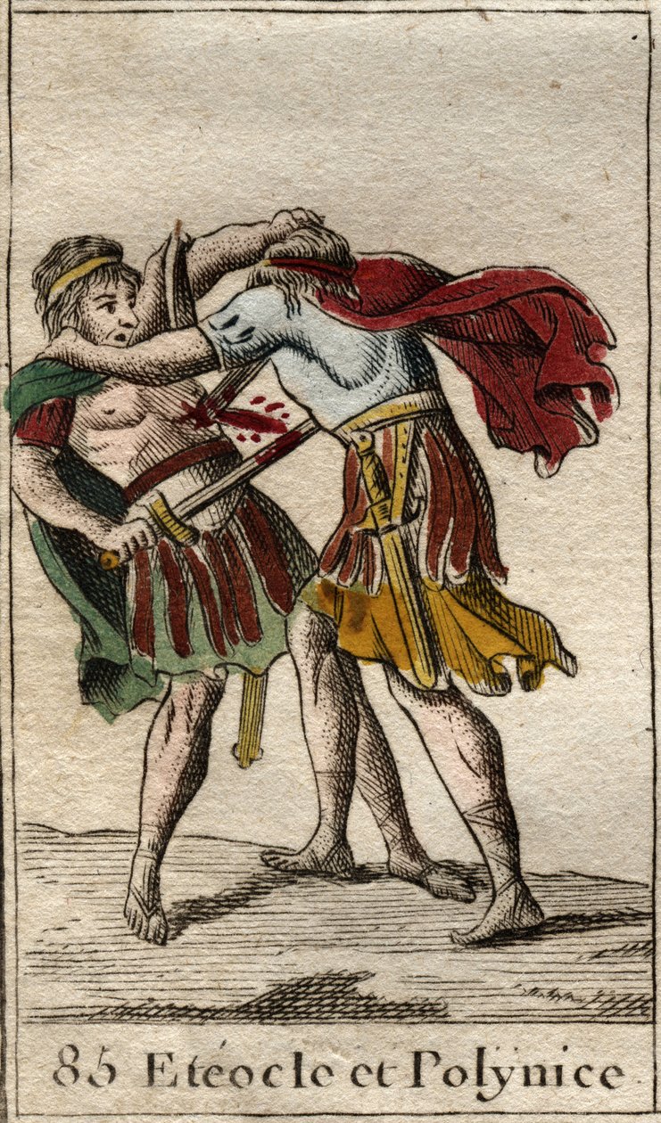 オイディプスの息子であるエテオクレスとポリニスの兄弟が殺し合う）Pierre Blanchard 1803の "Mythologie de la jeunesse "より。 作： フランス語学校