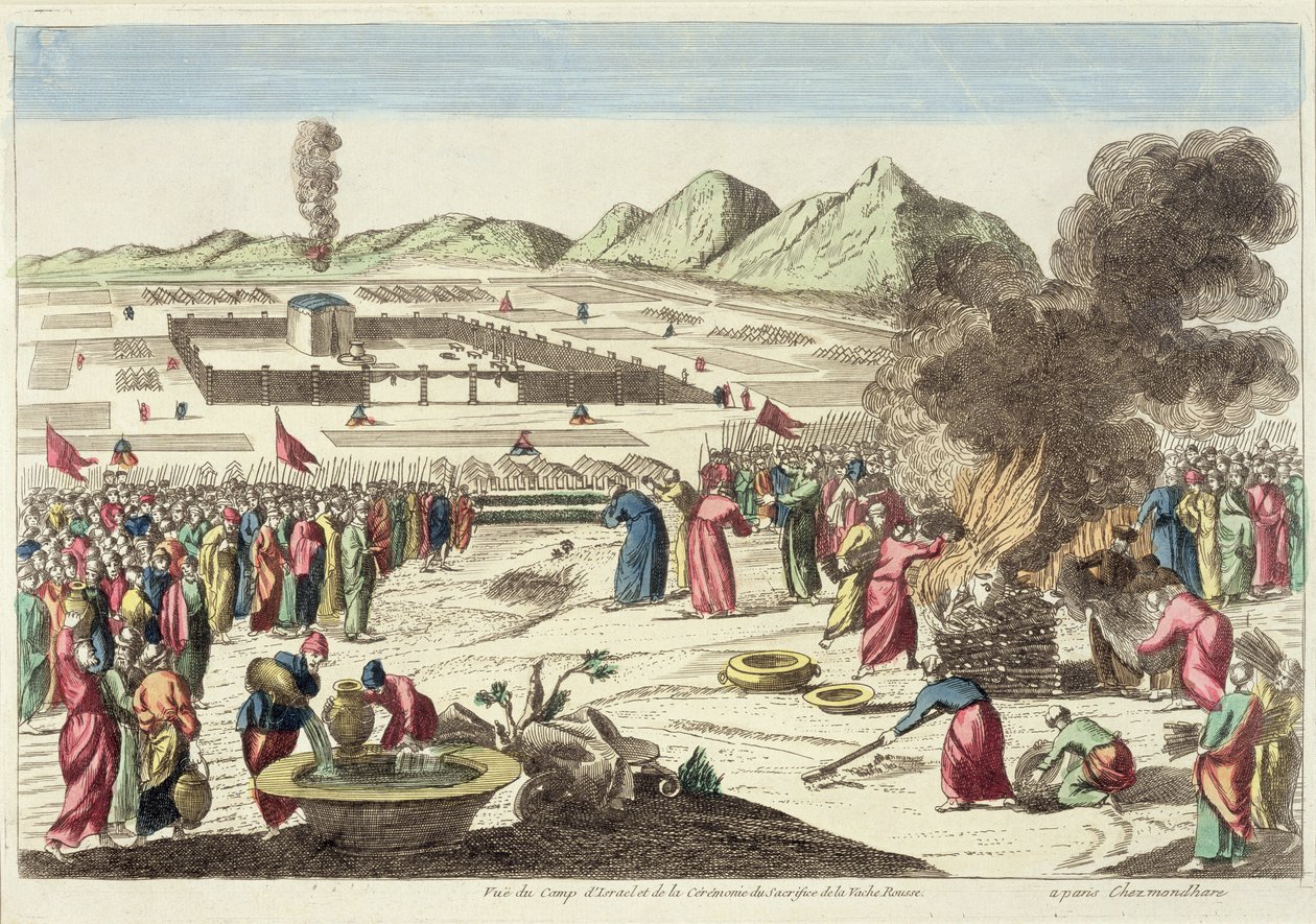 イスラエル人の陣営と赤牛のいけにえ（色彫り）