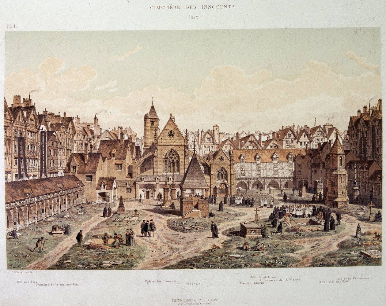 1550年のイノセントの教会と墓地 - 19世紀後半の「Paris a travers les ages」にて。 作： フランス語学校