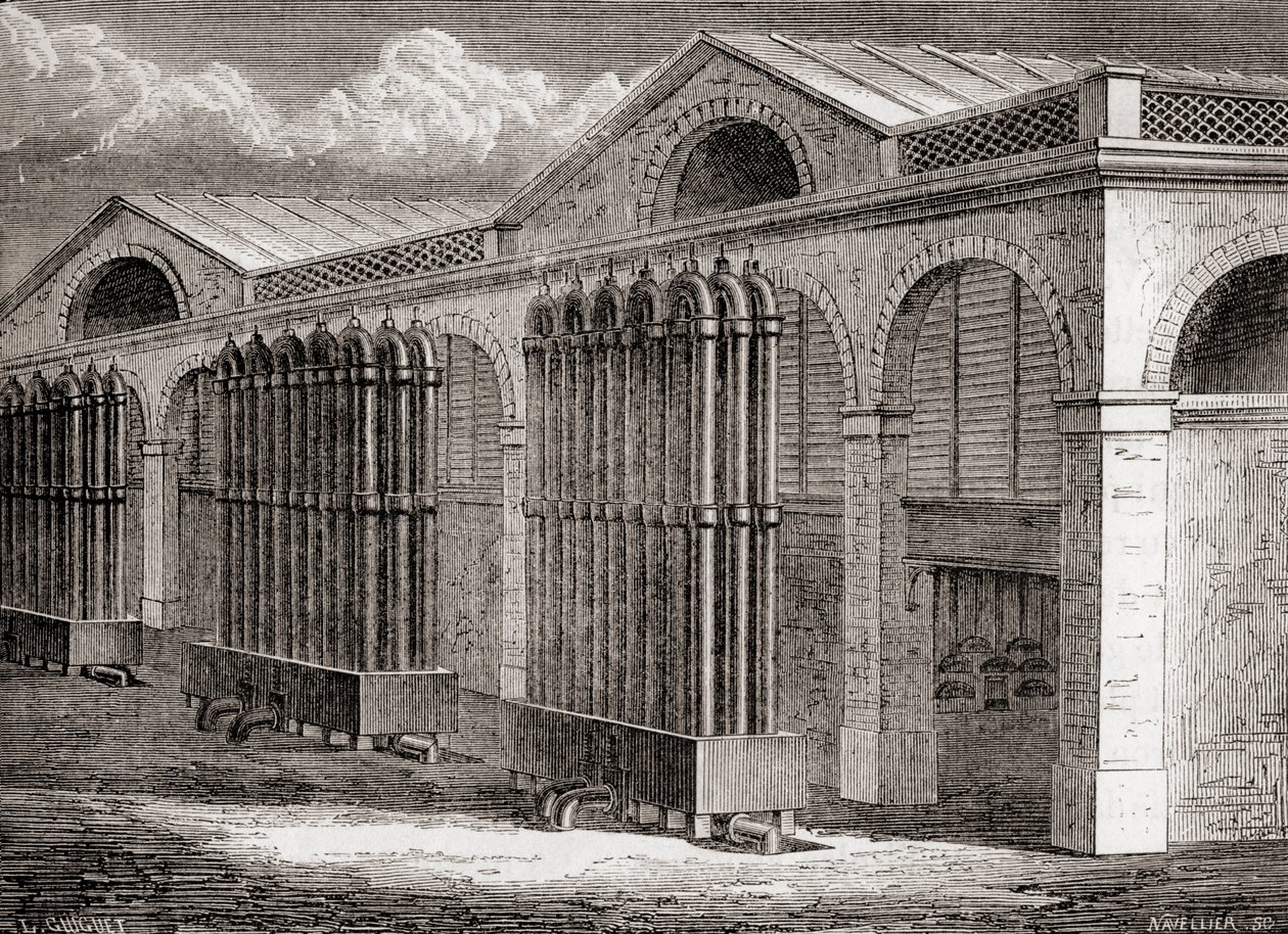 19世紀、フランス・パリのラ・ヴィレットにあった石炭ガス凝縮装置（1870年頃発行の「Les Merveilles de la Science」より）（彫刻 作： フランス語学校