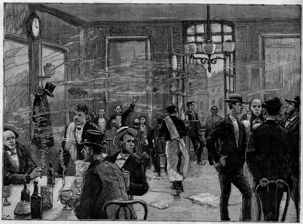 パリのモンマルトル通りにある店のコーヒーボーイ（1886年「the Illustrous World」掲載 作： フランス語学校