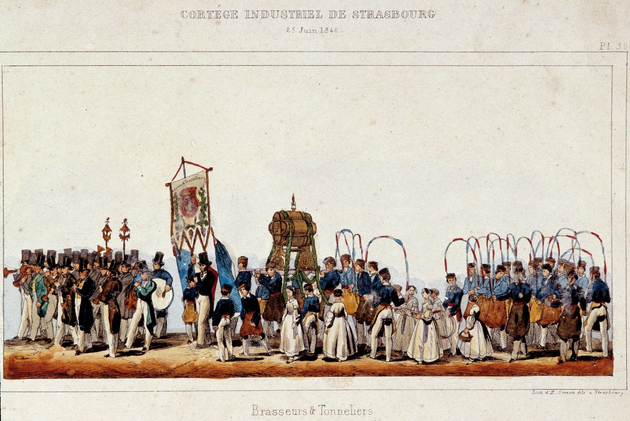 1840年6月25日、ストラスブールで行われた産業行列の際の醸造家と調理師の踊り。シモンのリトグラフ 作： フランス語学校