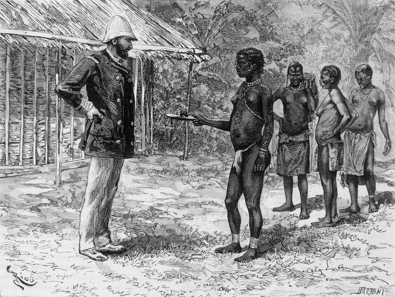 リボッシの娘がデ・ブラザに毛虫の料理を贈る - 「トゥール・デュ・モンド」1888年第2週掲載 作： フランス語学校