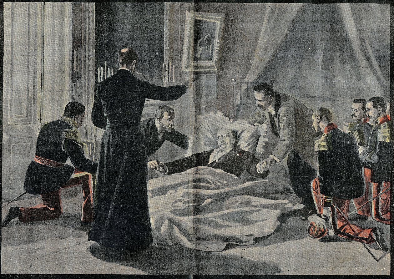 フランス大統領フェリックス・フォール(1841-1899)の死、アベ・ルノーは彼に赦免を与えた。1899年2月26日付「ル・ペレラン」誌に掲載されたエングレーヴィング。 作： フランス語学校