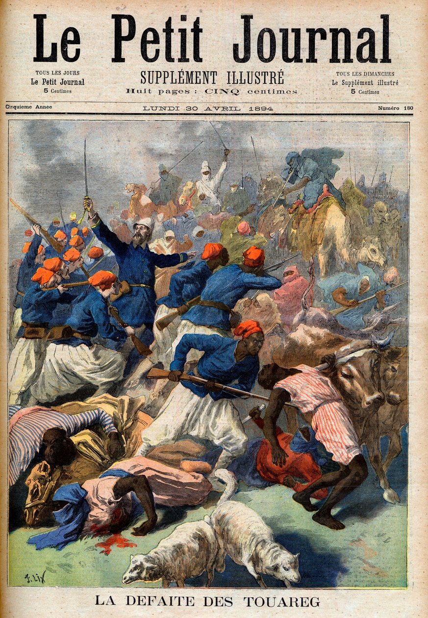 トゥアレグ族の敗北ジョセフ・ジョッフル中佐（1852-1931）指揮のフランス植民地軍-トゥアレグの敗北。1894年4月30日付「Le Petit Journal」の挿絵（彫刻）。 作： フランス語学校