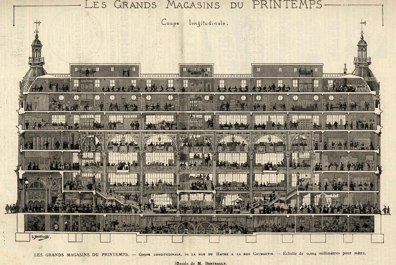 1889年のプランタンのデパート、縦断面、Rue du HavreからRue Caumartinまで、Berteaultの図面、Bianchettiコレクション。 作： フランス語学校