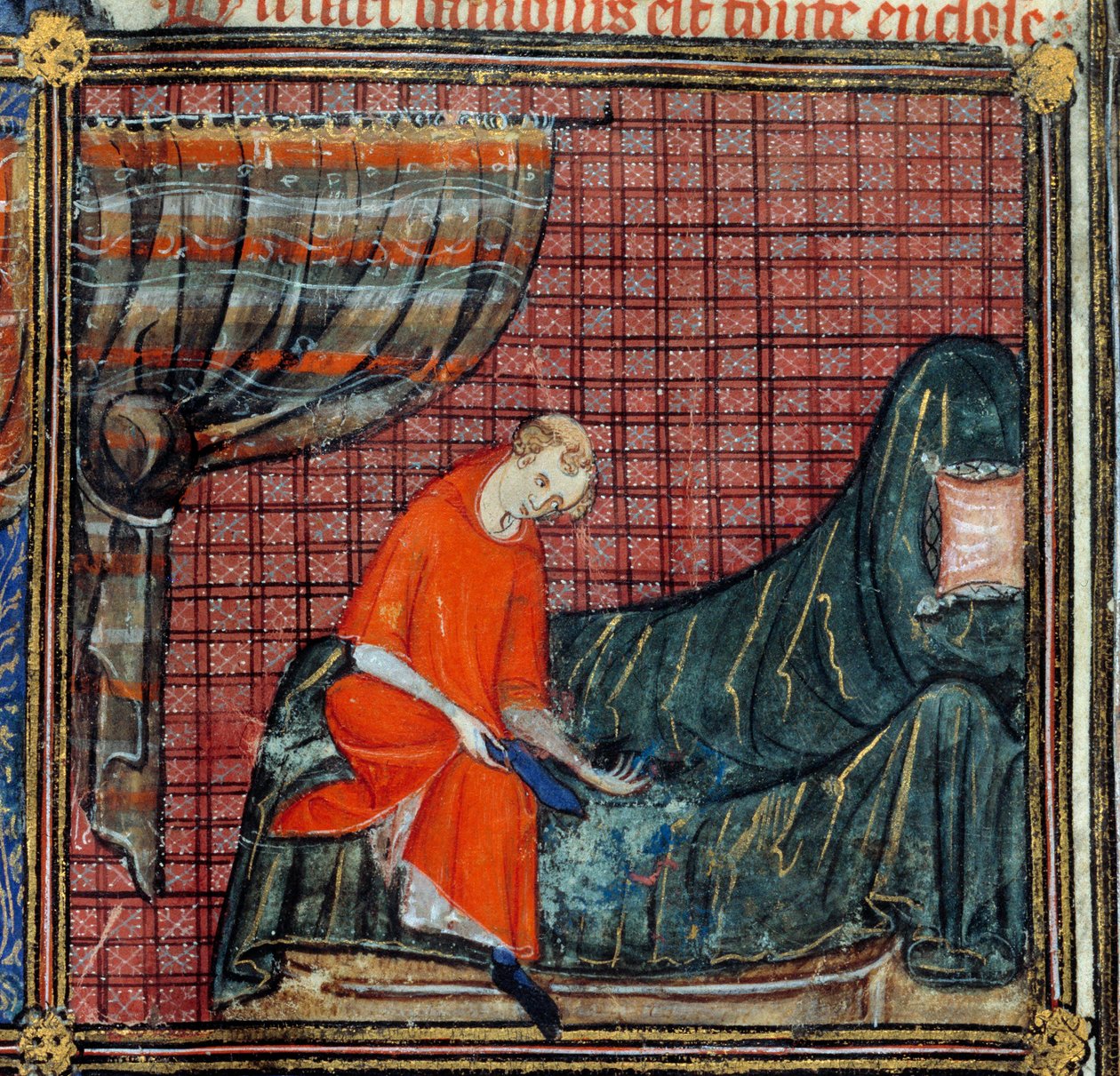 The dream, detail:恋人のドレス。Jean de Meun、Jean de MeungまたはJean Chopinel、Jean Clopinel（v.1240-1305）による「薔薇のロマン」のミニチュアで、1370年頃の作品。シャンティイ、コンデ美術館 作： フランス語学校