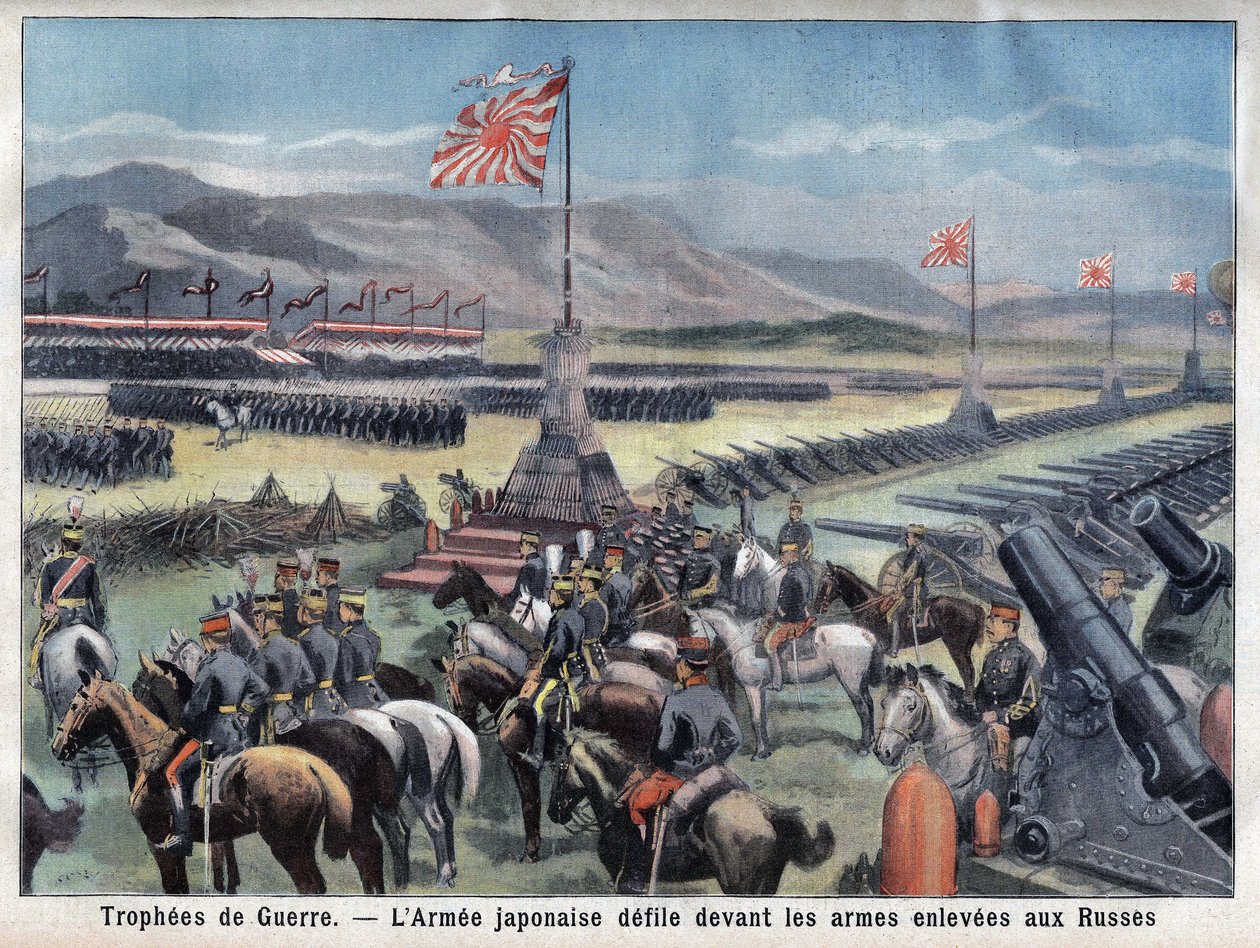 日露戦争終結、ロシアの武器奪取の前に座る日本の戦勝軍、「Le Petit Parisien」にて、1906年6月24日(刻印) 作： フランス語学校