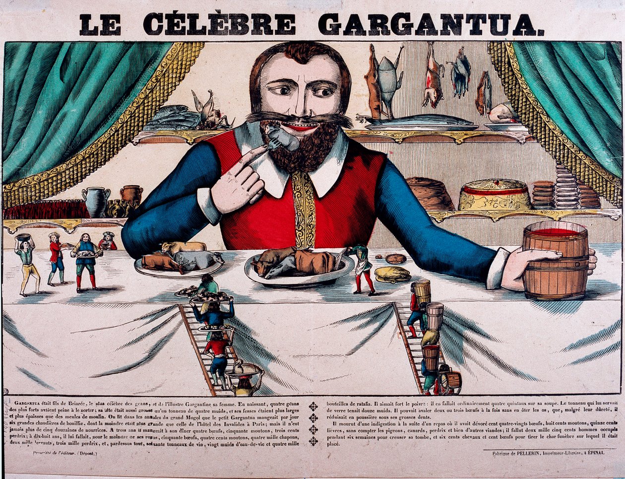 フランスの作家フランソワ・ラブレー（1494-1553）の小説に登場する有名なキャラクター「ガルガンチュア」。ガルガンチュアには大きな天蓋があり、あらゆる種類の料理がある。19世紀のエピナル・イメージング-。 作： フランス語学校