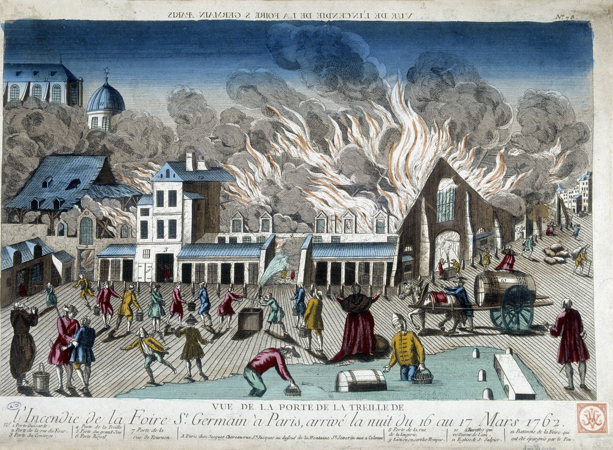 1762年3月16日から17日の夜、パリのサンジェルマン見本市の火事 - 彫刻 作： フランス語学校