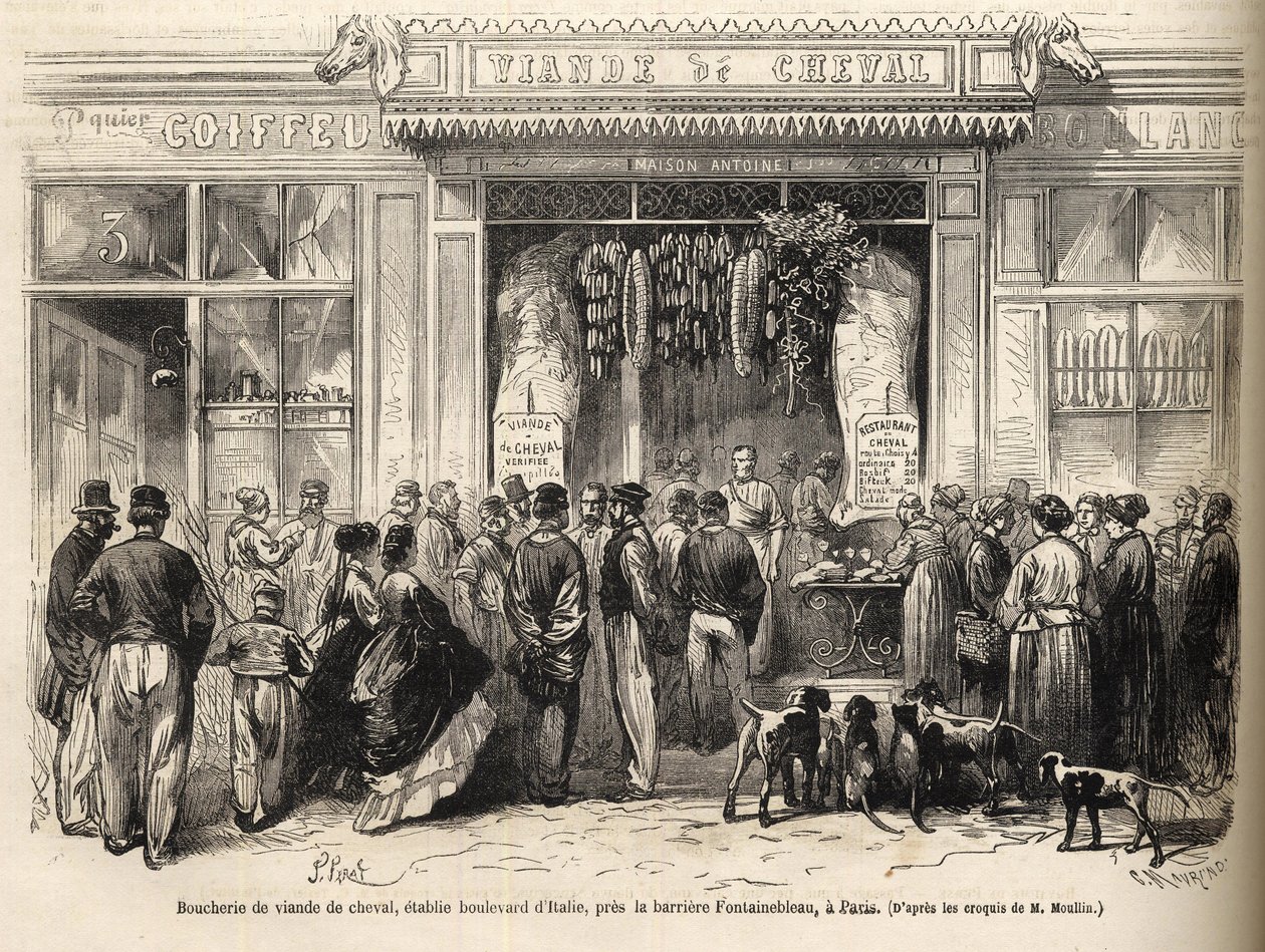 1866年に開店したフォンテーヌブロー（パリ）の馬肉店 - butcherie chevaline - Boucherie Meat de Cheval Boulevard Italie pres de la barriere de Fontainebleau 1866）1866年の「Le monde illustrious」に掲載されたエングレーヴィング。 作： フランス語学校