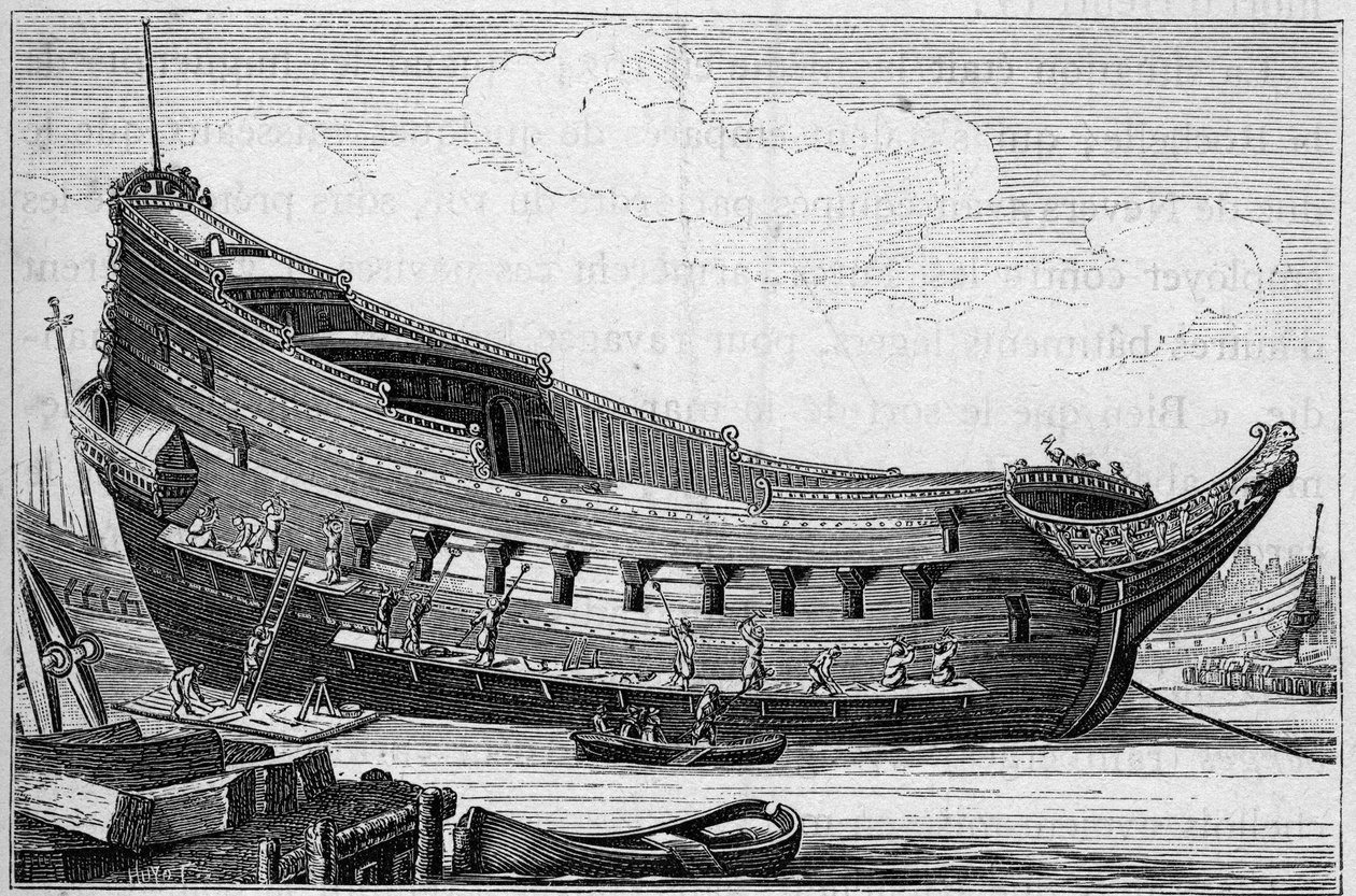 17世紀の大型船の船体。 「LaMarineet les Colonies：commerce」の彫刻 作： フランス語学校